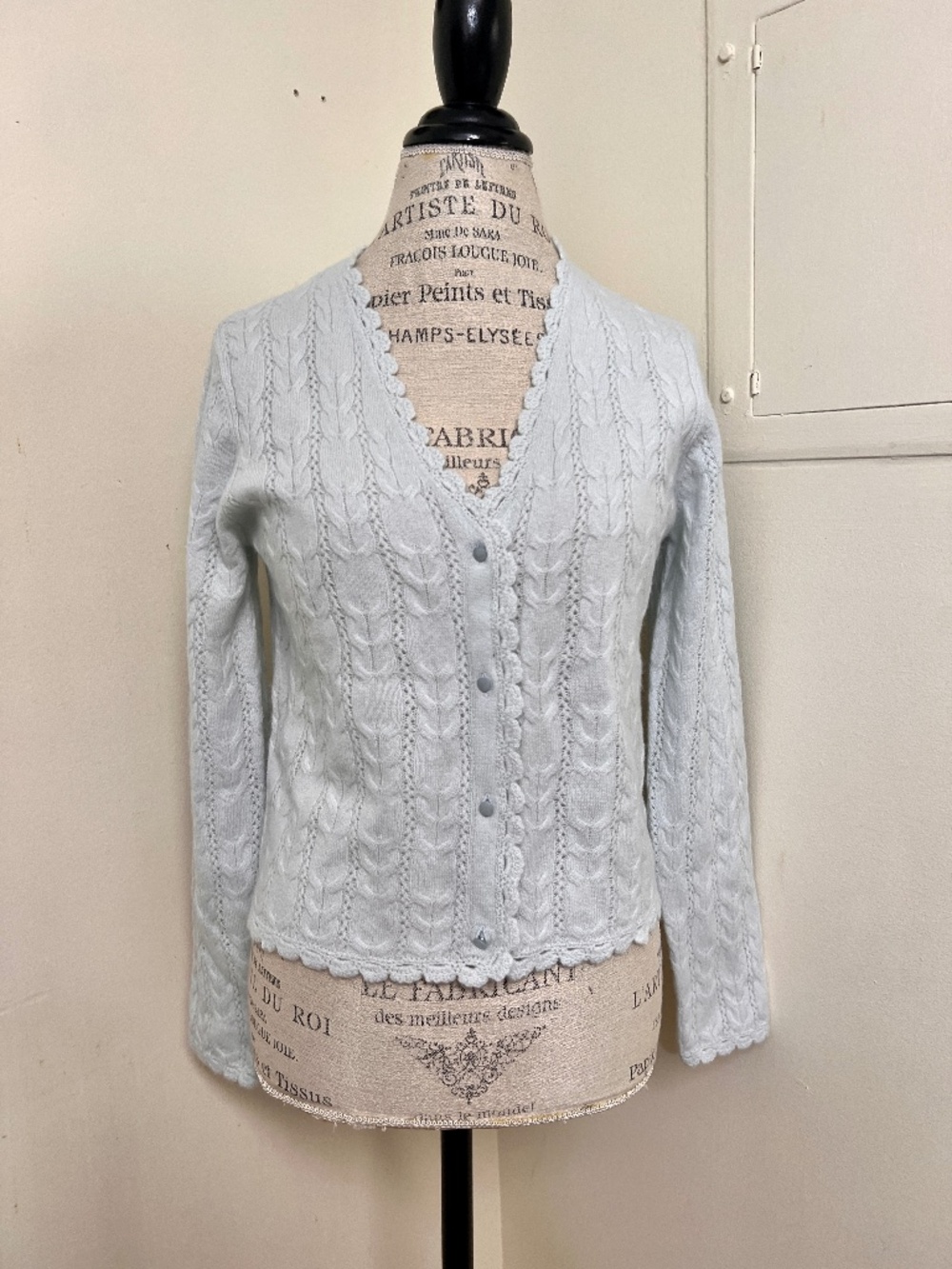 House of Harlow 1960 100% Cashmere Pointelle Oyster Heather Cardigan Sweater SM